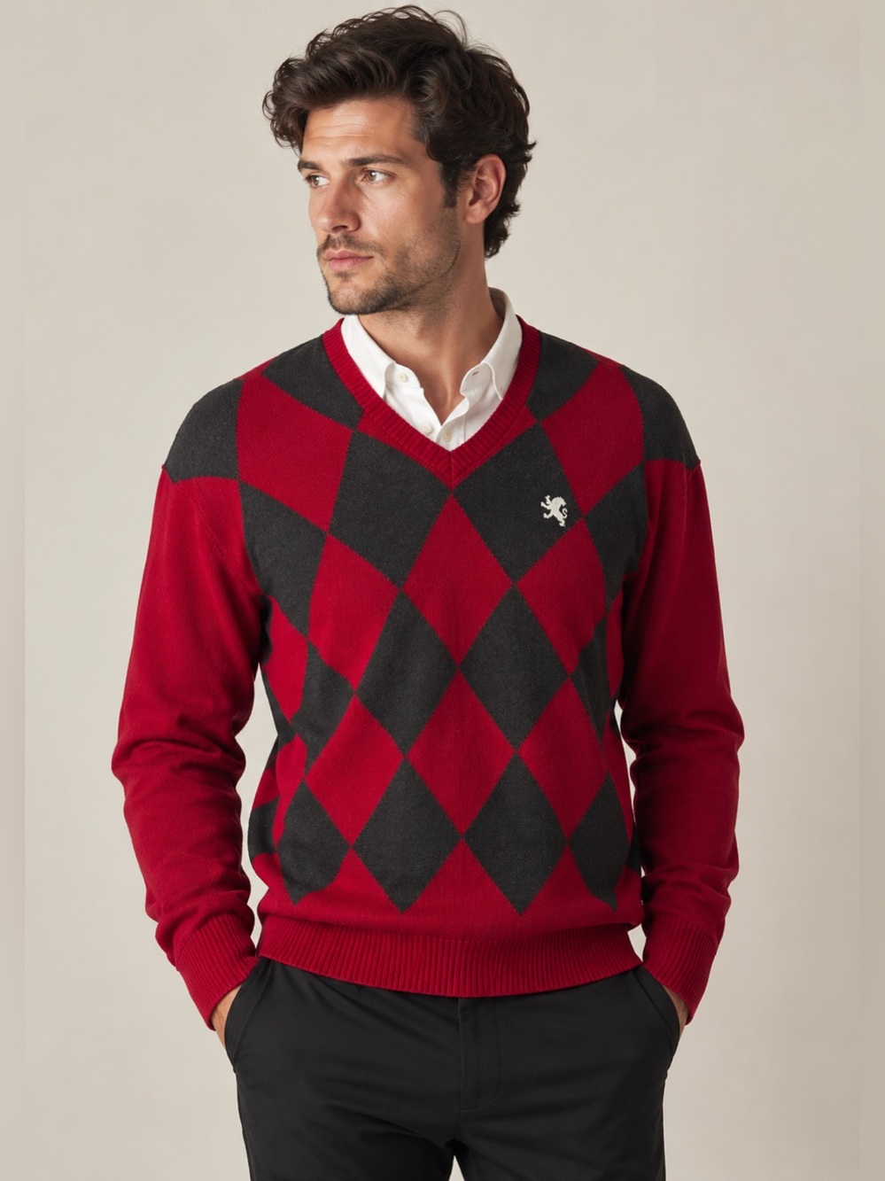 Express Design Studio Men’s Red Black Argyle V-Neck Sweater Large 100% Cotton